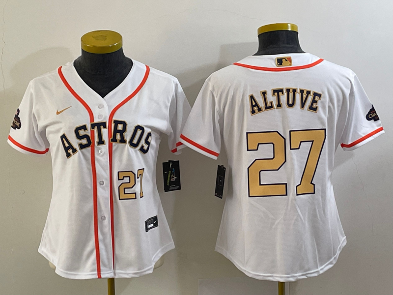 Women's Houston Astros #27 Jose Altuve White 2023 Gold Collection With World Serise Champions Patch Stitched Jersey(Run Small)